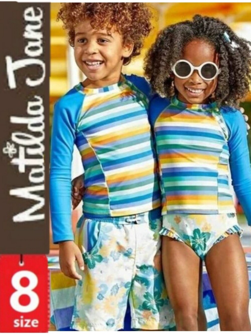 ⭐️ 5/$30- Matilda Jane Rashguard, Size 8, unisex, blue orange stripes